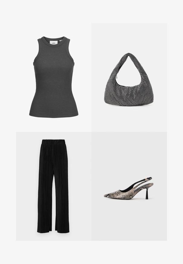 Dark gray ribbed tank top with a high neckline and sleeveless design. Features a fitted silhouette and smooth texture. Brand tag visible.; Black pleated trousers with an elastic waistband. Features wide legs and a smooth, textured fabric with vertical stripes.; Pointed-toe slingback shoes made of textured snake print material, featuring a slender black heel and a cutout design on the sides.; Black bag with a curved, hobo shape, textured fabric featuring silver studs. Singular top handle, zip closure, and soft silhouette.