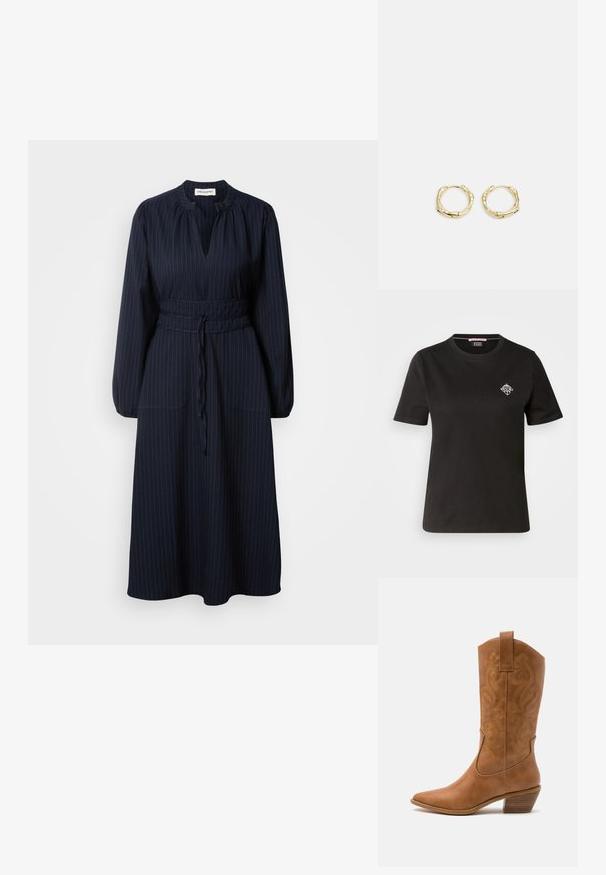 Schwarzes Baumwoll-T-Shirt mit rundem Halsausschnitt, kurzen Ärmeln und einem kleinen weißen Grafikdesign auf der linken Brust.; Marineblaues Kleid mit vertikalen Nadelstreifen, langen Ärmeln, plissiertem Ausschnitt und tailliertem Bund. Verfügt über zwei vordere Taschen.; Braune Leder-Cowboy-Stiefel mit spitzem Zehenbereich, bestickten Wirbelmustern am Schaft und einem gestapelten Blockabsatz. Verfügt über einen Ziehriemen für das einfache Anziehen.; Schwarze Lederhandtasche mit großem offenem oberen Bereich und einem einzelnen Schulterriemen. Weiche Textur, minimalistisches Design, mit subtilen hardware Akzenten.; Goldene Creolen mit einer strukturierten, unregelmäßigen Form. Sie verfügen über einen nahtlosen Verschluss und eine polierte Oberflächenbehandlung, die ein modernes Design betont.