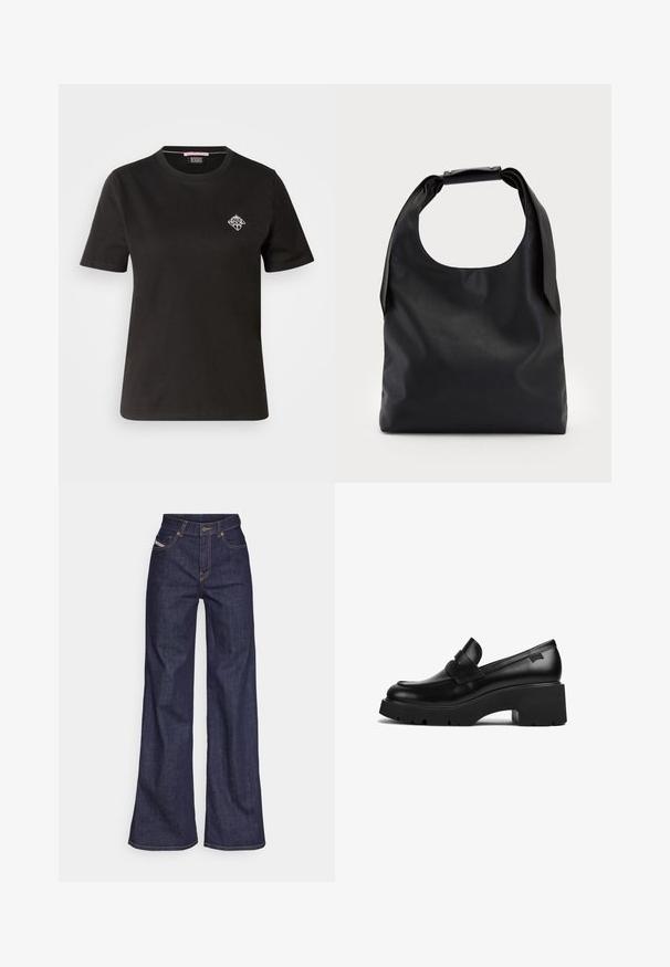 T-shirt in cotone nero con scollatura rotonda, maniche corte e un piccolo design grafico bianco sulla parte sinistra del petto.; Jeans a gamba larga di denim blu scuro con vita alta, caratterizzati da cuciture arancioni, design a cinque tasche e chiusura con bottone.; Mocassino in pelle nera con tacco chunky, suola spessa e un dettaglio a strap nella parte superiore, mostrato di lato su uno sfondo bianco.; Borsa hobo in pelle nera con un manico unico, morbido e arrotondato; presenta una texture liscia e un design minimalista. Nessun hardware o accenti visibili.