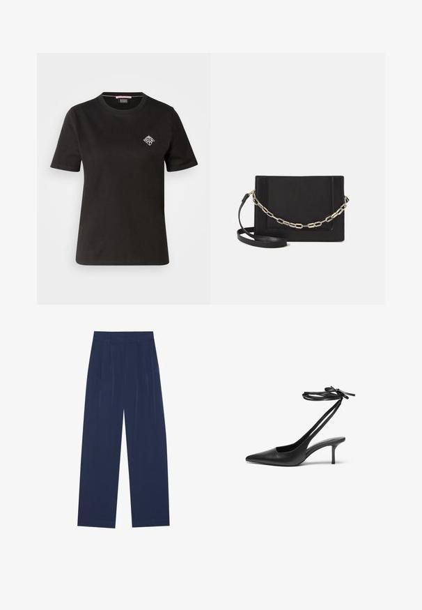 Schwarzes Baumwoll-T-Shirt mit rundem Halsausschnitt, kurzen Ärmeln und einem kleinen weißen Grafikdesign auf der linken Brust.; Himmelblaue Weitbundhosen aus weichem Stoff, mit vorderen Falten, glatter Oberfläche und einem geraden Schnitt ohne sichtbare Taschen.; Schwarzer Leder-Stiletto mit spitzem Zehenbereich, offenem Fersenbereich und mit einer Schleife gebundenen Knöchelriemen. Schlanker 3-Zoll-Absatz. Glatte Textur, minimalistisches Design.; Schwarze Leder-Crossbody-Tasche mit glatter Textur, rechteckiger Form und metallic-kettendetail auf der Vorderseite. Verstellbarer Gurt inklusive.