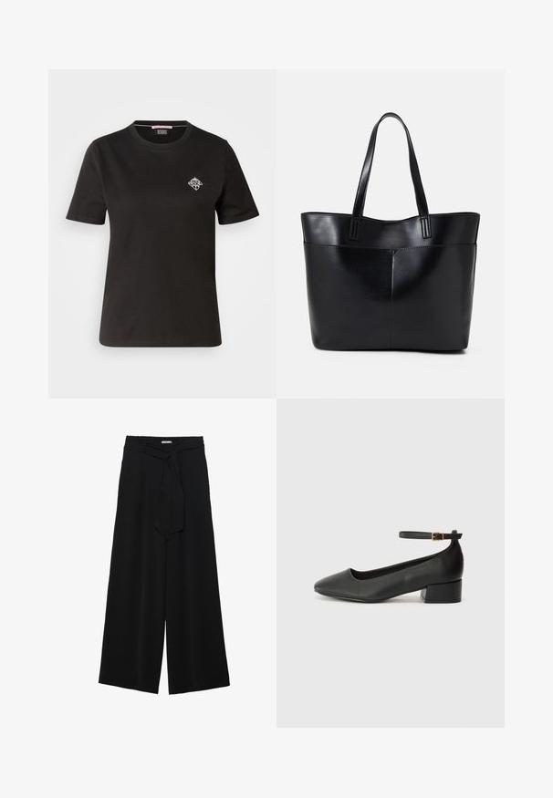 Schwarzes Baumwoll-T-Shirt mit rundem Halsausschnitt, kurzen Ärmeln und einem kleinen weißen Grafikdesign auf der linken Brust.; Schwarze weite Hosen aus strukturiertem Stoff, mit elastischem Bund und einem abnehmbaren Bindegürtel in der Taille für eine verstellbare Passform.; Schwarze Lederpumps mit spitzem Zehenbereich und niedrigem Blockabsatz. Mit einem Knöchelriemen und einer goldfarbenen Schnalle. Glatte Textur.; Schwarze Leder-Shopper-Tasche mit zwei langen Griffen, einer glatten Textur und einer strukturierten Form. Verfügt über eine Vordertasche für zusätzlichen Stauraum.