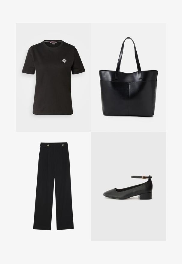 Schwarzes Baumwoll-T-Shirt mit rundem Halsausschnitt, kurzen Ärmeln und einem kleinen weißen Grafikdesign auf der linken Brust.; Schwarze weite Hosen mit hoher Taille, Knopfdetails am Bund und vorderen Falten.; Schwarze Lederpumps mit spitzem Zehenbereich und niedrigem Blockabsatz. Mit einem Knöchelriemen und einer goldfarbenen Schnalle. Glatte Textur.; Schwarze Leder-Shopper-Tasche mit zwei langen Griffen, einer glatten Textur und einer strukturierten Form. Verfügt über eine Vordertasche für zusätzlichen Stauraum.