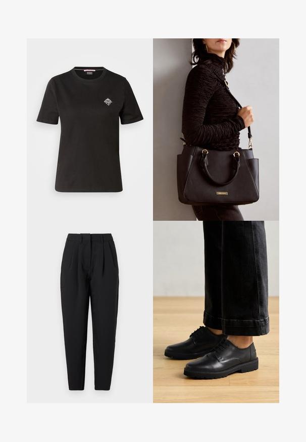 Black cotton t-shirt featuring a round neckline, short sleeves, and a small white graphic design on the left chest area.; Black trousers with a straight fit, featuring pleats at the front, a smooth texture, and side pockets. The waistband is standard height.; Black leather lace-up shoes with a smooth texture, rounded toe, and thick rubber sole, paired with cropped dark jeans.; Black handbag with textured surface, dual top handles, and adjustable shoulder strap. Features gold-tone hardware and side pockets.