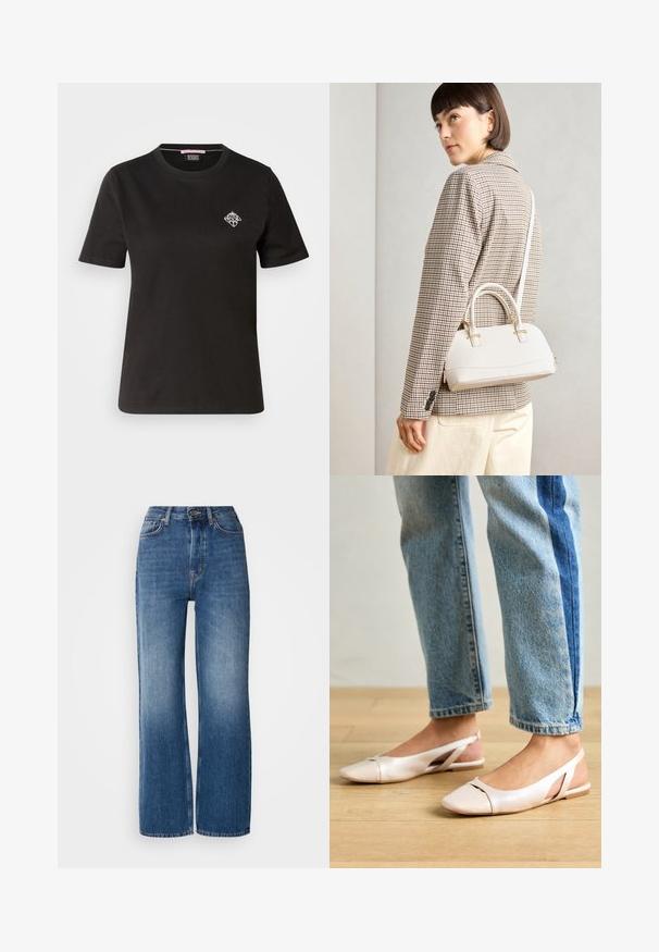 Zwarte katoenen t-shirt met een ronde halslijn, korte mouwen en een klein wit grafisch ontwerp op de linker borst.; Hoge taille, wijde blauwe denim jeans met een gradient wassing, koperen stiksels, een knoopsluiting aan de voorkant en vijf zakken.; Zachtroze slingback ballerina's met een spitse neus, gemaakt van een glad leerachtig materiaal. Bevat uitsnijdingen aan de zijkanten en heeft een platte hak.; Witte gestructureerde handtas met korte handvatten en een schouderband, voorzien van gouden hardwareaccenten en een textuurmateriaal, tentoongesteld tegen een grijze achtergrond.