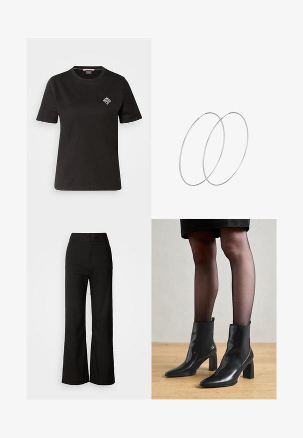 T-shirt in cotone nero con scollatura rotonda, maniche corte e un piccolo design grafico bianco sulla parte sinistra del petto.; Pantaloni neri a gamba larga con texture liscia, vita alta e design semplice. Nessuna tasca visibile o decorazioni.; Stivaletti neri in pelle con punta affusolata, tacco quadrato imponente e design elegante. Dotati di pannelli laterali elasticizzati per una facile vestibilità.; Orecchini a cerchio in argento con un design minimalista. Forma circolare, superficie liscia e profilo sottile. Leggeri con una finitura lucida.