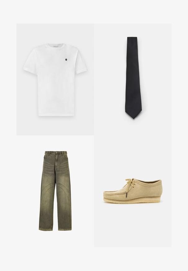 Fehér pamut póló rövid ujjakkal, kerek nyakkivágással és egy kis fekete logóval a bal mellkason. Simasztikus, klasszikus fazon.; Fehér, hosszú ujjú ing sima anyagból, klasszikus gallérral és gombos elülső résszel, ívelt alsó résszel. A gombok enyhén fényesek.; Olíva zöld farmerből készült bővülő szárú farmernadrág, ívelt varrásokkal, klasszikus gombos záródással és elhalványult hatással.; Beige velúr cipő fűzővel, varrott részletekkel és gumitalppal. A fazon laza, enyhén sarokkal rendelkezik.; Keskeny fekete nyakkendő, texturált, átlós bordázott mintával. Hegyes végződéssel és sima felülettel rendelkezik. Alkalmas elegáns öltözethez.