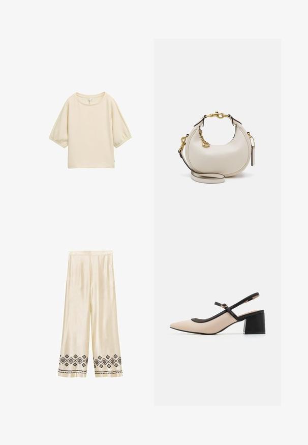 Hellbeige Kurzarmoberteil mit Rundhalsausschnitt, strukturiertem Stoff und gerafften Ärmeln. Legere und kastige Silhouette, minimale Markenkennzeichnung.; Cremfarbene Satin-Hosen im Weitschnitt mit schwarzen gestickten geometrischen Mustern entlang des Saums. Sie zeichnen sich durch eine glatte Textur und eine taillierte Silhouette aus.; Beige Leder-Pumps mit Blockabsatz und spitzem Zeh, schwarzem Besatz entlang der Öffnung und einem dünnen verstellbaren Slingback-Riemen mit goldenen Hardware.; Cremfarbene Lederhandtasche in Mondform, mit goldenen Akzenten, schwarzen Details und einem abnehmbaren Gurt. Sie verfügt über eine Kettendetail und einen Anhänger.