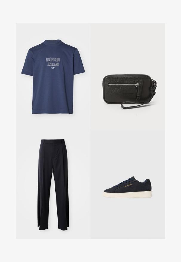 Emporio Armani Potiskana majica - avio; Črne hlače visoke pasu s širokimi nogavicami, narejene iz gladkega blaga. Imajo sprednje gube in zanko za pas. Minimalističen dizajn, brez vidnih dodatkov.; Mornarsko modre semiš nizke superge z belim podplatom, mornarskimi vezalkami in z zlatim logotipom "Filling Pieces" na strani.; Črna usnjena torbica s teksturirano površino, sprednjim žepom z zadrgo in odstranljivo zapestnico. Ima logotip na sprednji strani. Pravokotna oblika.