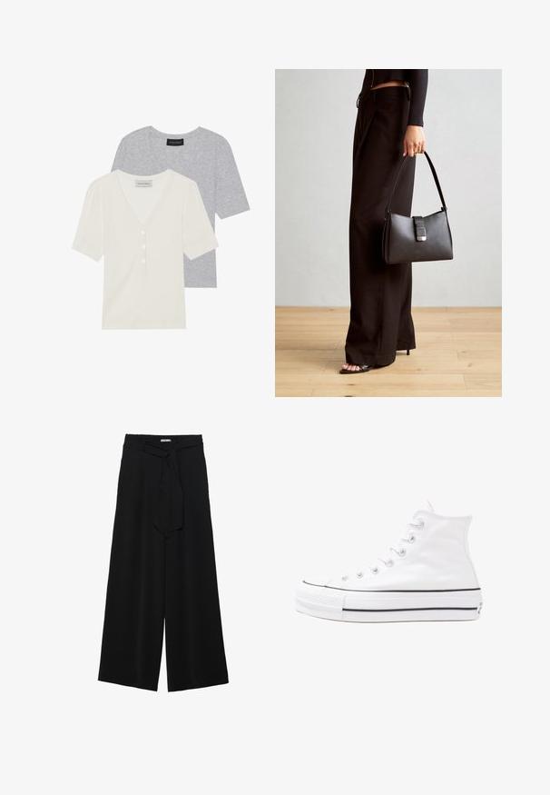 Dvě krátké rukávy trička s V-výstřihem, jedno v světle šedé barvě s hladkým povrchem, druhé v smetanové barvě s detailem knoflíků a vroubkovaným materiálem.; Černé kalhoty s širokými nohavicemi, vyrobené z texturované tkaniny, s elastickým pasem a odnímatelným páskem na úpravu velikosti.; Bílé vysoké plátěné tenisky s černou gumovou podrážkou, přední gumovou špičkou a šesti očky na tkaničky, se čistým, minimalistickým designem.; Černá kabelka se strukturovaným tvarem, hladkým povrchem a kovovým uzávěrem. Kombinována s širokými černými kalhotami a sandály s otevřenou špičkou na dřevěné podlaze.
