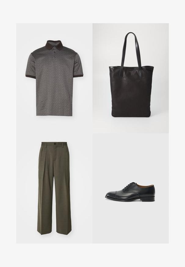 Tamsiai pilkos trumpos rankovės polo marškiniai su kartojančiuosius "Emporio Armani" logotipo raštu. Sukurti su kontrastinga ruda apykakle ir mygtukų uždengimu.; Filippa K WIDE TROUSERS - Kelnės - driftwood; Juodas odinis batelis su lygiu paviršiumi, apvaliu priekiniu galu, penkiomis skylutėmis raištams ir žemu blokiniu kulnu. Minimalistinis dizainas su subtiliomis siūlėmis.; Juodas drobės pirkinių maišelis su juodais odiniais rankenomis. Paprastas dizainas, erdvus kūnas ir lygus paviršius. Nėra matomų logotipų ar raštų.