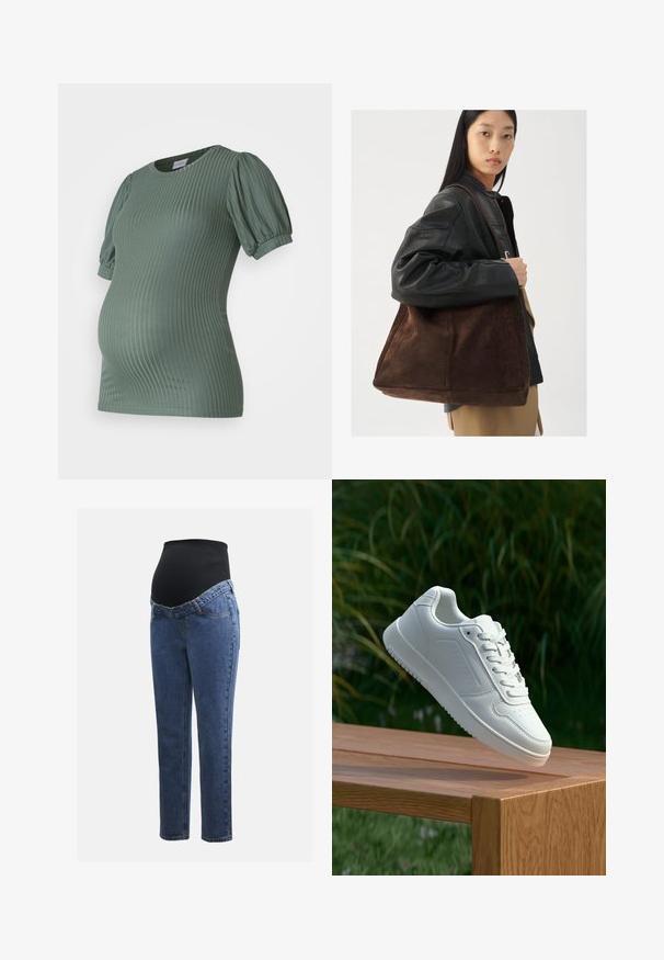 MAMALICIOUS MLTRINITY - T-shirts - laurel wreath; Graviditetsjeans med ben i blå denim og et svart elastisk magepanel designet for å støtte og dekke en voksende buk.; Hvite sneakers med en glatt syntetisk overdel, perforert tåboks, flate snørebånd og en teksturert såle, vist på en treflate.; Brun semsketoteveske med bred form og myk tekstur, med en enkelt stropp og minimal maskinvare mot en nøytral bakgrunn.