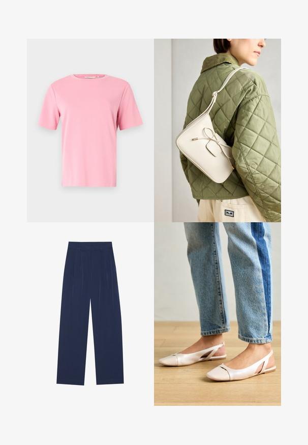 Rózsaszín, rövid ujjú póló, puha pamutból készült. Klasszikus kerek nyakú, laza szabású, további minták vagy díszítések nélkül.; Sötétkék, bő szárú nadrág puha anyagból, elől redőkkel, sima textúrával, egyenes szabással, látható zsebek nélkül.; Világos rózsaszín slingback laposlábú cipők, hegyes orral, sima bőrhatású anyagból készült. Oldalt kivágott részletek találhatók rajta, valamint lapos sarkú.; Beige színű bőr keresztpántos táska masni részlettel, arany színű fém kiegészítőkkel és egy állítható pánttal, zöld steppelt dzsekin viselve.