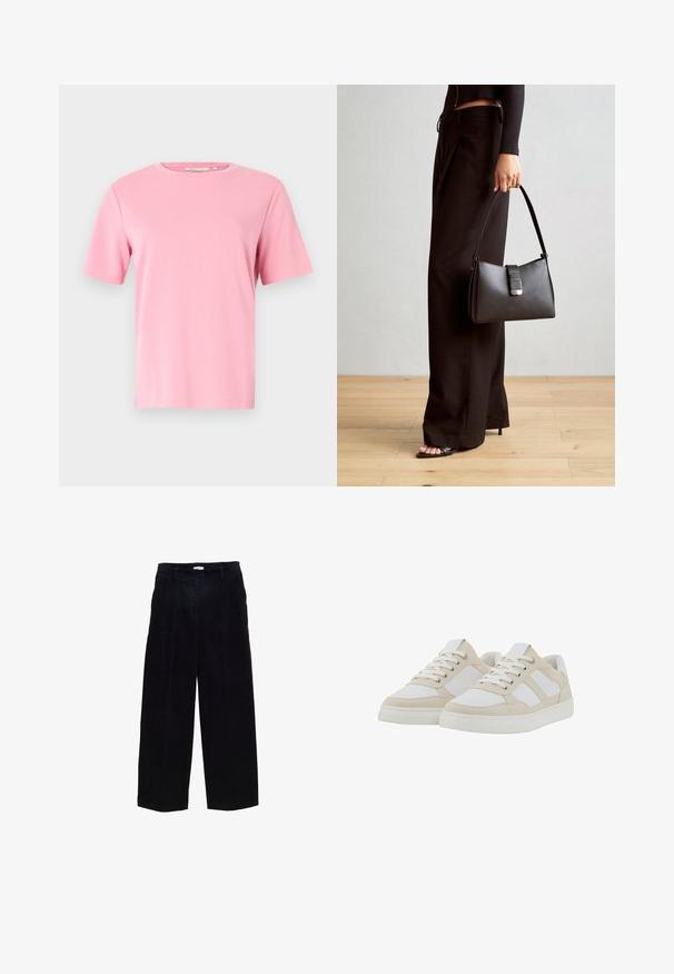 Pink kortærmet T-shirt lavet af blødt bomuldsstof. Klassisk rund halsudskæring og en afslappet pasform uden yderligere mønstre eller dekorationer.; Marineblå kordfløjls bukser med bred ben, lige snit, forkant plisseringer og en subtil tekstur. Har bæltestropper og metallynlås.; Beige og hvide sneakers med en struktureret overdel, snørelukning og polstret krave. Har tre hvide sidestropper og en gummisål.; Sort håndtaske med struktureret form, glat overflade og metalspænde. Sammen med brede sorte bukser og sandaler med åben tå på trægulv.
