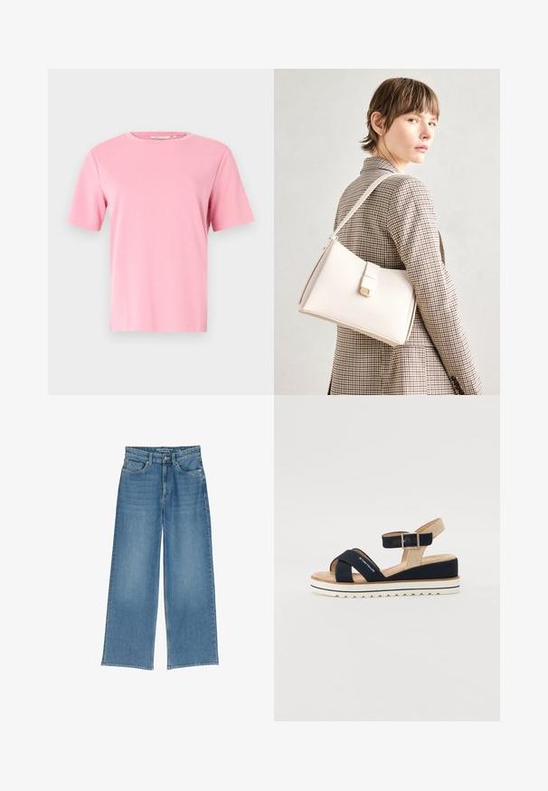 Roze T-shirt met korte mouwen van zacht katoen. Klassieke ronde halslijn en een comfortabele pasvorm zonder extra patronen of versieringen.; Lichtblauwe wijde denimmuts met een hoge taille, vijf zakken en zichtbare stiksels; de stof heeft een licht gestructureerde afwerking.; Marineblauwe sandaal met twee stoffen banden, verstelbare enkelband en gestructureerde beige achterkant. Dikke, witte, gekartelde zool. Merk gedrukt op de band.; Witte leren handtas met een gestructureerd ontwerp, voorzien van een magneetsluiting en een schouderriem, tentoongesteld tegen een neutrale achtergrond.