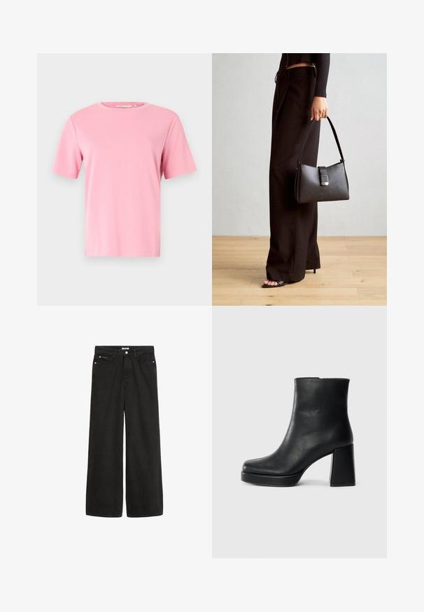 Pink kortærmet T-shirt lavet af blødt bomuldsstof. Klassisk rund halsudskæring og en afslappet pasform uden yderligere mønstre eller dekorationer.; Bredde ben sorte denim jeans med høj talje. Har fem lommer, metalhardware og en ren finish. Teksturen er glat og blød.; Sort læder ankelstøvle med blokhæl og platformssål, set fra siden på en ensfarvet hvid baggrund.; Sort håndtaske med struktureret form, glat overflade og metalspænde. Sammen med brede sorte bukser og sandaler med åben tå på trægulv.