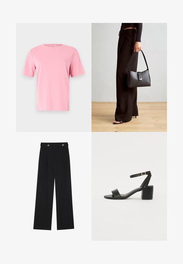 Pink kortærmet T-shirt lavet af blødt bomuldsstof. Klassisk rund halsudskæring og en afslappet pasform uden yderligere mønstre eller dekorationer.; Sorte vide bukser med høj talje, knapdetaljer på taljebåndet og frontfald.; Sort hæl sandal med en glat læderoverdel, åben tå, brede frontstropper og justerbar ankelrem med detaljer i guldfarve.; Sort håndtaske med struktureret form, glat overflade og metalspænde. Sammen med brede sorte bukser og sandaler med åben tå på trægulv.