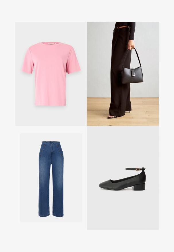 Tricou roz cu mânecă scurtă, fabricat dintr-un material de bumbac moale. Guler rotund clasic și o croială relaxată, fără modele sau decorațiuni suplimentare.; Jeans din denim cu talie înaltă, de culoare albastru mediu. Prezintă accente cu buton în față și un design cu picioare late. Materialul are o textură netedă, cu o ușoară decolorare.; Pantof cu toc negru din piele, cu vârf ascuțit și toc mic pătrat. Dispune de o curea la gleznă cu o cataramă în tonuri de aur. Textură netedă.; Genți negre cu o formă structurată, textură netedă și un închizător metalic. Asortată cu pantaloni negri largi și sandale cu vârf deschis pe un podea din lemn.