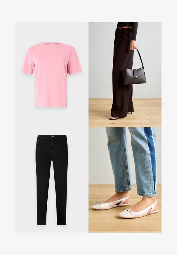 Roze T-shirt met korte mouwen van zacht katoen. Klassieke ronde halslijn en een comfortabele pasvorm zonder extra patronen of versieringen.; Zwarte spijkerbroek van denim met een slim fit, voorzien van een sluiting met een knop aan de voorkant, riemlussen en een klassieke vijf-pocketontwerp. Gladde textuur.; Zachtroze slingback ballerina's met een spitse neus, gemaakt van een glad leerachtig materiaal. Bevat uitsnijdingen aan de zijkanten en heeft een platte hak.; Zwarte handtas met gestructureerde vorm, gladde textuur en een metalen sluiting. Gecombineerd met brede zwarte broeken en sandalen met open teen op een houten vloer.