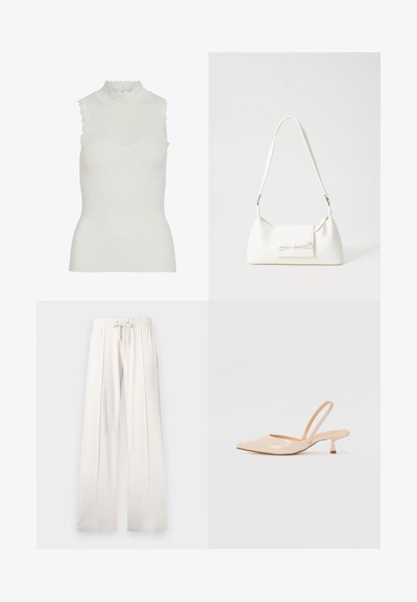 VILA VISIA HIGH NECK TOP - Top - cloud dancer; Svijetlosmeđi dukserice od mekanog materijala, s vezicom u struku, širokim nogavicama i vertikalnim šavovima, s glatkom teksturom.; Bež sandale od lakirane kože s uskim vrhom i tankim, kvadratnim potpeticom. Glatka tekstura i minimalistički dizajn bez ukrasnih detalja.; Bijela sintetička torbica s trokutastim oblikom, ravnim prednjim poklopcem i detaljem u obliku mašne, podesivom remenom, glatkom teksturom i minimalističkim dizajnom.