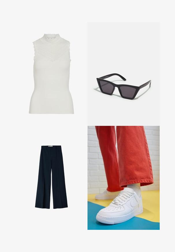 VILA VISIA HIGH NECK TOP - Top - cloud dancer; Pantaloni larghi color navy realizzati in un tessuto liscio, con due pince frontali e una chiusura con bottone singolo in vita.; Sneaker bianco in pelle con punta perforata, suola testurizzata e lacci bianchi, abbinati a pantaloni rossi larghi e uno sfondo blu e giallo.; Occhiali da sole neri e angolari con lenti grigie; realizzati in plastica, con aste spesse dalla superficie liscia e senza hardware visibile.; Borsa a spalla in pelle nera con forma curvata, una tracolla piatta singola e chiusura con zip superiore. Texture liscia con dettagli hardware minimi.