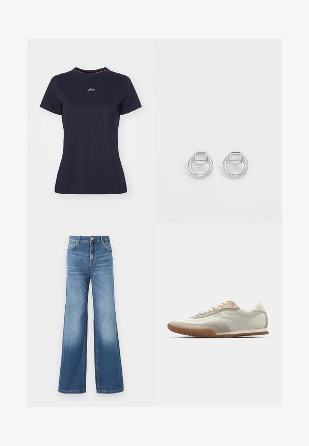 Laivansinisekotonipaita, jossa on pyöreä kaula-aukko, lyhyet hihat ja pieni valkoinen brodeerattu logo rinnassa. Sujuva rakenne.; Vaaleansinisiä leveälahkeisia farkkuja, joissa on korkea vyötärö, viisi taskua, vyölenkit ja hillitty haalistuma helmaa kohti.; Valkoinen ja beige lenkkari, jossa on sileä päällinen ja keinonahkaiset yksityiskohdat, teksturoitu pohja ja sävy sävyyn ompelut. Nauhakiinnitys logo-yksityiskohdalla.; HopeHope hope hope Hopehope hope hope Hope hope Hope hope hope hope Hopehope hope hope Hope