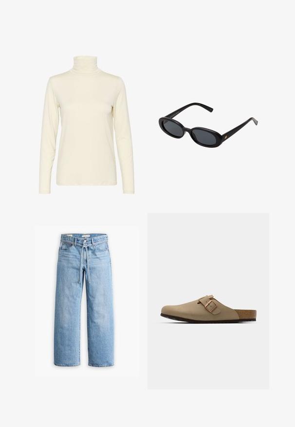 Pitkähihainen poolopaita off-white-värissä, valmistettu pehmeästä ja joustavasta kankaasta. Istuvuus on muotoiltu, ja siinä on sileä pinta sekä vähäiset ompeluseikat.; Vaaleansiniset farkut leveillä lahkeilla, joissa on korkea vyötärö, nappi- ja vetoketjukiinnitys sekä narutasku vyötäröllä. Raaka helma.; Beige klootziga muudest jalatsitest ümara varbaga, reguleeritava pandla aktsendiga ja korkjalatsiga. Tekstureeritud pind mustast kummist tallaga haardeks.; Mustat ylisuuruiset aurinkolasit, jotka ovat soikeat linssit, sileä muovikehys ja kultaiset korostukset temppeleissä. Tummat linssit tarjoavat suojaa auringolta.