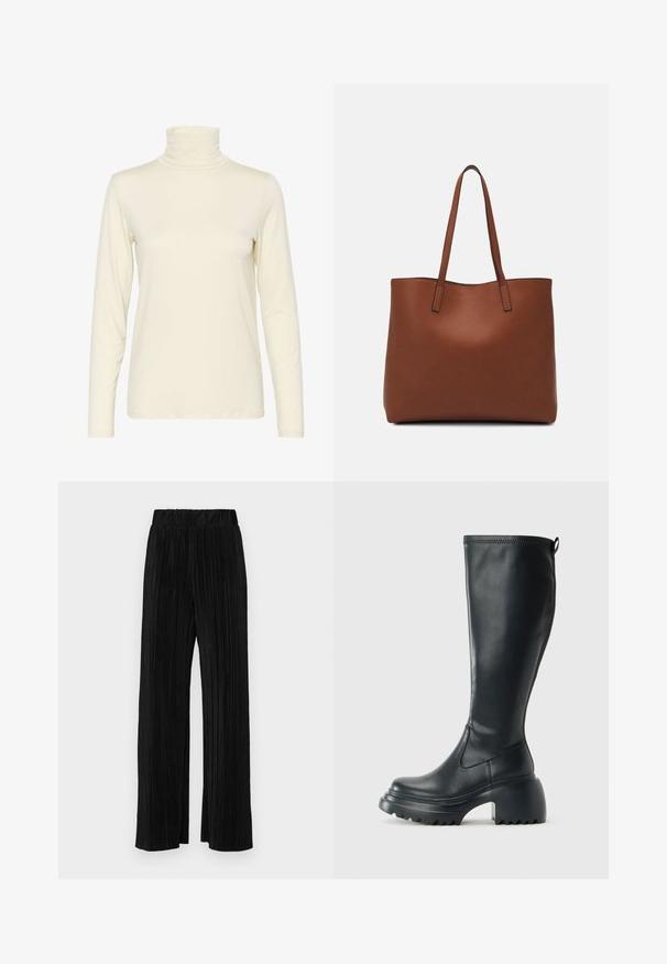 Langärmliges Rollkragenoberteil in Off-White, aus weichem, dehnbarem Stoff gefertigt. Enganliegendes Design mit glatter Textur und minimalen Nähdetails.; Schwarze plissierte Hose mit elastischem Bund. Verfügt über weite Hosenbeine und einen glatten, strukturierten Stoff mit vertikalen Streifen.; Hoher schwarzer Lederstiefel mit einer robusten Plateausohle und Blockabsatz, der über eine Zuglasche und ein strukturiertes Profil an der Außensohle verfügt.; Braune Leder-Tote mit glatter Textur, offenem Oberteil und zwei Schulterriemen. Verfügt über minimale Nähte und keine sichtbaren Beschläge.