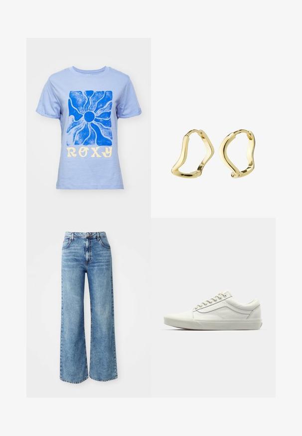 Hellblaues Baumwoll-T-Shirt mit einem blauen Sonnen-Graphic und "ROXY" in gelber Schrift. Klassischer Rundhalsausschnitt und kurze Ärmel.; Hellblaue Denim-Jeans mit weit geschnittenem Bein und hoher Taille, ausgestattet mit fünf Taschen, einer Knopfverschluss und kontrastierender Naht entlang der Nähte.; Weißer Canvas-Sneaker mit niedrigem Design, runder Zehenpartie und strukturiertem Gummisohle. Verfügt über verstärkte Nähte und silberne Ösen für die Schnürsenkel.; Goldene Creolen mit einem fließenden, wellenartigen Design. Glatte Textur, offenes Format und keine sichtbaren Verschlüsse. Minimalistischer und moderner Ausdruck.