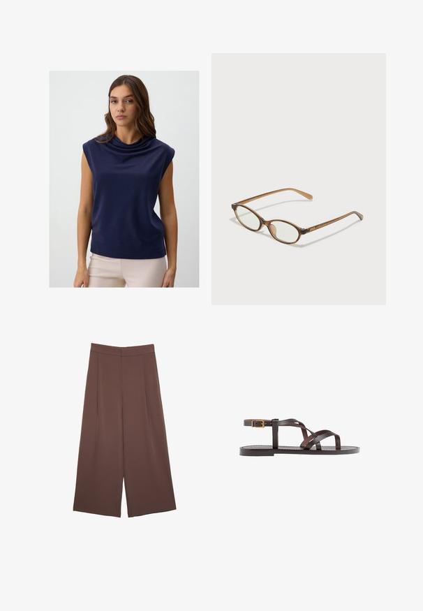 Marineblauw mouwloos topje met een gedrapeerde col, gemaakt van een soepele stof, met een ontspannen pasvorm en een schone zoom.; Bruine wijde broek met een gladde textuur, voorzien van een hoge taille en plooien aan de voorkant. De stof is lichtgewicht en valt losjes.; Bruine leren sandaal met kruisingen van banden, een enkelgesp-sluiting en een platte zool met minimale stikdetails.; Bruine schildpadbril met ovale lenzen, dunne armen en transparante accenten. Heeft een subtiele logo op de tempel. Strak, lichtgewicht ontwerp.