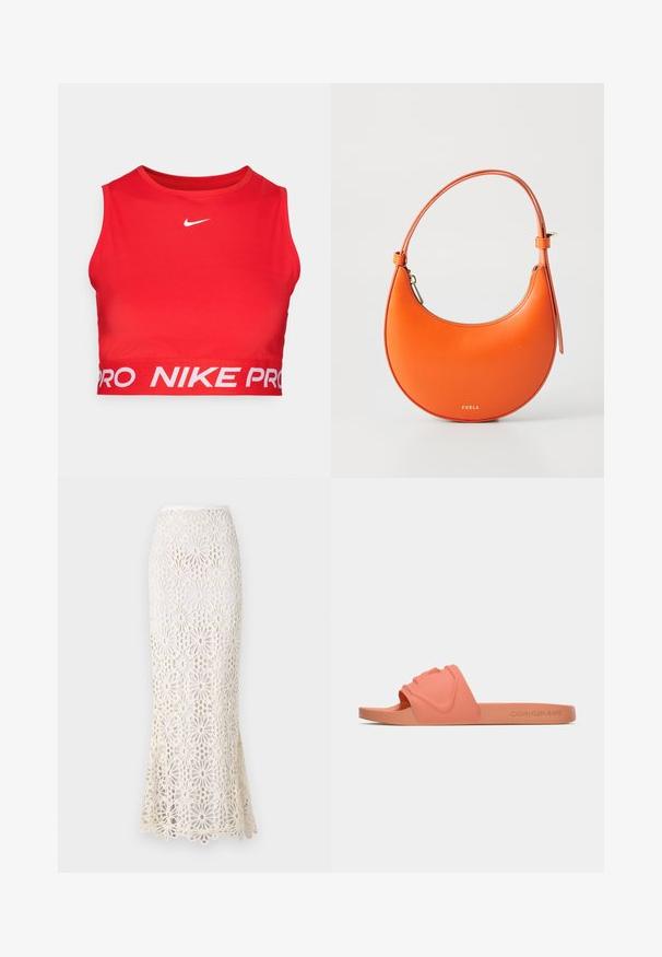 Piros Nike Pro sport crop top, sima, rugalmas anyagból készült. A mellkason fehér logóval és alul széles, márkázott elasztikus szalaggal rendelkezik.; Rövid ujjú, kék gombos ing, trópusi mintával, pálmafákkal, vörös sziklákkal és vízzel, könnyű anyagból készült.; Norma Kamali OBIE LONG SKIRT - Maxi szoknya - cream; Calvin Klein coral rózsaszín csúsztatós szandál, formázott pánttal, sima gumiból készült anyaggal, lapos talppal és oldalsó logóval.; Narancssárga bőrtáska félhold alakú, vékony pánttal és arany színű kiegészítőkkel. Cipzáros záródással és a márka neve dombornyomottan a tetején.