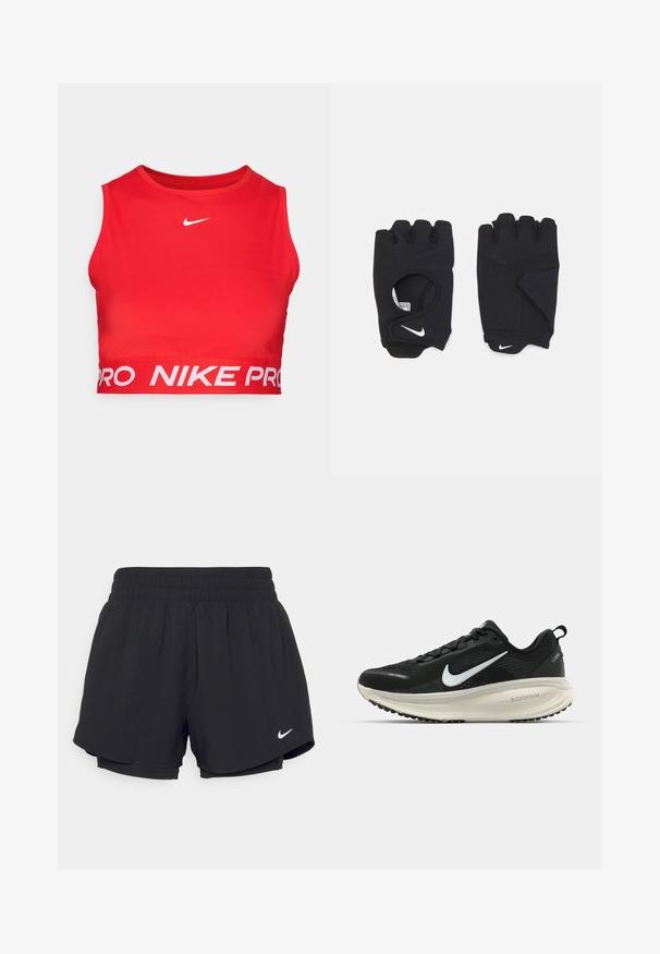 Raudonas Nike Pro sportinis trumpas topas, pagamintas iš lygaus, tamprios medžiagos. Ant krūtinės yra baltas logotipas, o apačioje - platus prekės ženklo elastingas diržas.; Juodi sportiniai šortai su susiūtu elastingu juosmeniu, vidiniu pamušalu ir baltu „Nike“ logotipu apatiniame kairiajame kampe. Lygus, lengvas audinys.; Juodas Nike sportinis batelis su kvėpuojančiu tinklu, baltu swoosh logotipu, tekstūruoto dizaino detalėmis ir grietinėlės spalvos ZoomX viduriu.; Juodos bepirštės pirštinės, pagamintos iš tamprus materijos, su atviru delnu, su sukibimo akcentais ir balta Nike logotipu.