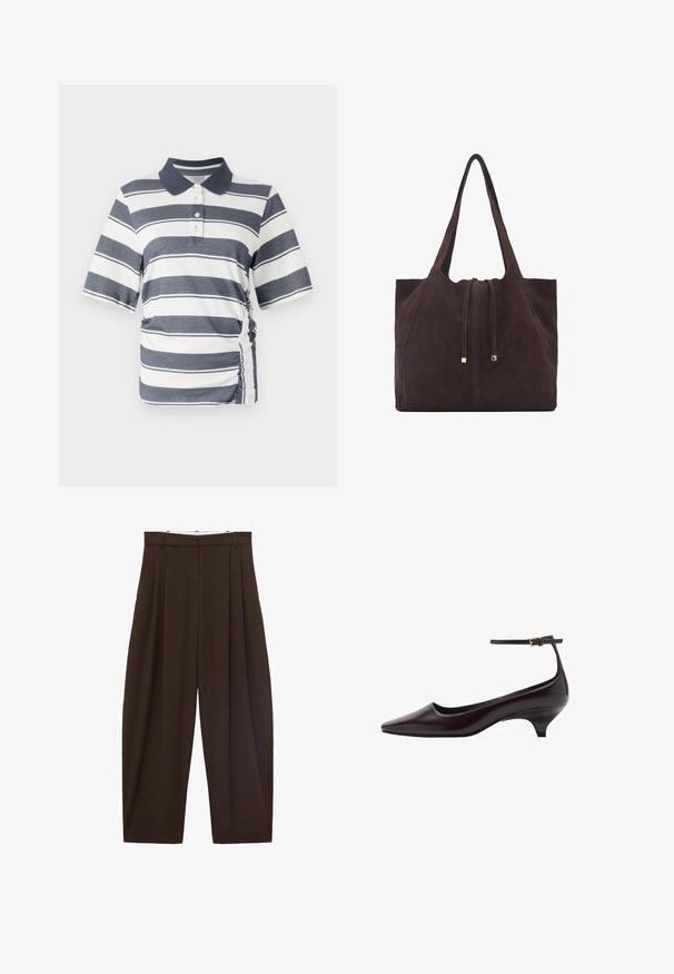 Polo cu dungi orizontale bleumarin și alb, cu mâneci scurte, guler și detaliu cu pliuri pe laterale. Fabricat dintr-un material moale și elastic.; Pantaloni maronii cu talie înaltă, cu pliuri, confecționați dintr-un material neted. Croi lejer, model cu picior drept, având bucle pentru curea și închidere cu fermoar.; Pantofii din piele de culoare maro închis, cu vârful ascuțit și toc kitten, sunt prevăzuți cu o curea subțire pentru glezna piciorului și o cataramă mică aurie.; Mango Geantă de pânză - dark brown