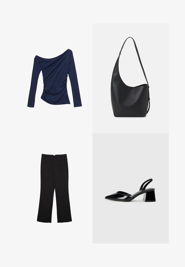 Mørkeblå off-shoulder top med lange ærmer, som har sammenfoldet detaljer på siden og en glat, strækbar tekstur.; Sorte bukser med lige pasform, der har frontlommer og slidser i kanten. Lavet af blødt, glat stof. Velegnet til forskellige anledninger.; Sorte patentlæder slingback hæle med spids tå og en geometrisk blok hæl. Har et elegant, minimalistisk design og en glat tekstur.; Sort læder hobo taske med en glat overflade, buet form og en enkelt justerbar rem; har en bred åbning øverst.