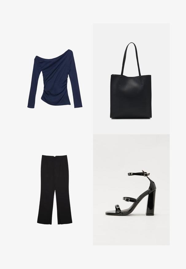 Marineblaues Off-Shoulder-Top mit langen Ärmeln, das seitliche Raffung und eine glatte, elastische Textur aufweist.; Schwarze Hose mit geradem Schnitt, ausgestattet mit Fronttaschen und Seitenschlitzen am Saum. Hergestellt aus weichem, glattem Stoff. Geeignet für verschiedene Anlässe.; Schwarze patentierte Sandalen mit Absatz, quadratischer Spitze, Knöchelriemen und silbernen Schnallen. Mit einem stabilen Blockabsatz für mehr Stabilität.; Schwarze Laptoptasche aus Leder mit glatter Textur, rechteckiger Form und zwei langen Griffen. Keine sichtbaren Beschläge oder Verzierungen.