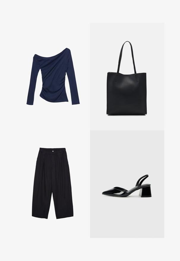 Marineblaues Off-Shoulder-Top mit langen Ärmeln, das seitliche Raffung und eine glatte, elastische Textur aufweist.; Schwarze Polyester-Culotte mit einem elastischen Bund, zwei vorderen Falten und einer lockeren Silhouette. Keine sichtbaren Muster oder Hardware-Details.; Schwarze Lackleder-Slingback-High Heels mit spitzem Schuh und einem geometrischen Blockabsatz. Verfügt über ein schlankes, minimalistisches Design und eine glatte Textur.; Schwarze Laptoptasche aus Leder mit glatter Textur, rechteckiger Form und zwei langen Griffen. Keine sichtbaren Beschläge oder Verzierungen.