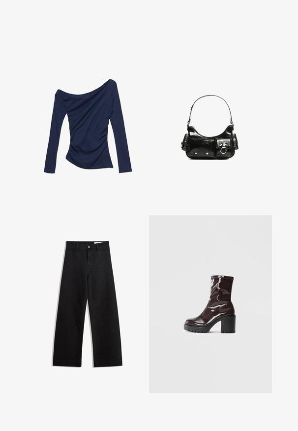 Mørkeblå off-shoulder top med lange ærmer, som har sammenfoldet detaljer på siden og en glat, strækbar tekstur.; Sorte wide-leg denim bukser med høj talje, der har front- og baglommer, syede sømme og en knaplukning. Glat tekstur.; Glatte burgunder ankelstøvler med en chunky sort hæl, der har en glat tekstur og et simpelt design. Ingen synlige lukninger eller mønstre.; Sort patenteret læder håndtaske med en buet form, en skulderrem, frontlommer og hardware accenter i sølvfarve.