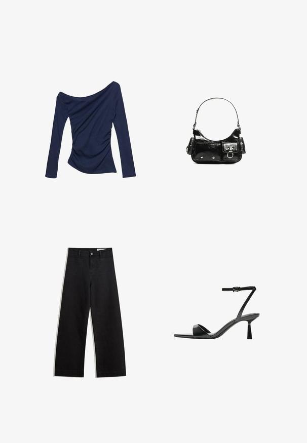 Marineblaues Off-Shoulder-Top mit langen Ärmeln, das seitliche Raffung und eine glatte, elastische Textur aufweist.; Schwarze weit geschnittene Jeans mit hoher Taille, ausgestattet mit Vorder- und Hintertaschen, gesteppten Nähten und einem Knopfverschluss. Glatte Textur.; Bershka High Heel Sandalette - black; Schwarze Lackleder-Handtasche mit geschwungenem Design, einem Schulterriemen, Vordertaschen und silberfarbenen Hardware-Akzenten.