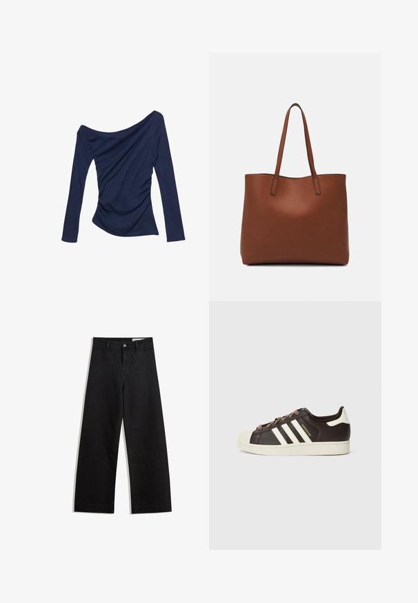 Tummansini sininen olkaimeton paita pitkillä hihoilla, jossa on kerrostumaulottuvuudet ja sileä, joustava pinta.; Mustat leveät farkut korkealla vyötäröllä, joissa on etu- ja takataskut, ommellut saumat ja nappisuljenta. Silkinoinen rakenne.; Matala Adidas Superstar -tennari tummanruskeasta nahasta, jossa on kermahtava kuorikärki, valkoiset raidat ja "Superstar"-teksti sivussa.; Ruskea nahkainen olkalaukku, jossa on sileä pinta, avoin yläosa ja kaksi olkahihnaa. Omaavat vain minimaalisen ompelun eikä näkyvää metalliosaa.