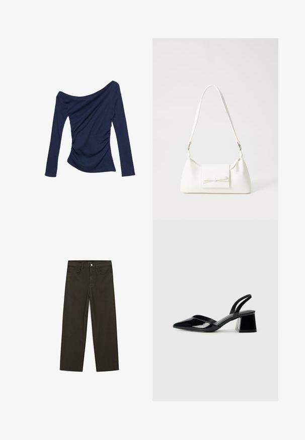 Marineblauw off-shoulder top met lange mouwen, voorzien van geplooide zijkanten en een soepele, rekbare textuur.; Donkergroene wijde jeans van een katoenmix, met een sluiting met een voorste knop, vijf zakken en klassieke denimstiksels.; Zwarte gepatineerde leren slingback hakken met een spitse neus en een geometrische blokhak. Kenmerkt zich door een slank, minimalistisch ontwerp en een gladde textuur.; Witte synthetische handtas met een driehoekige vorm, platte voorklep en strikdetail, verstelbare schouderriem, gladde textuur en minimalistisch ontwerp.