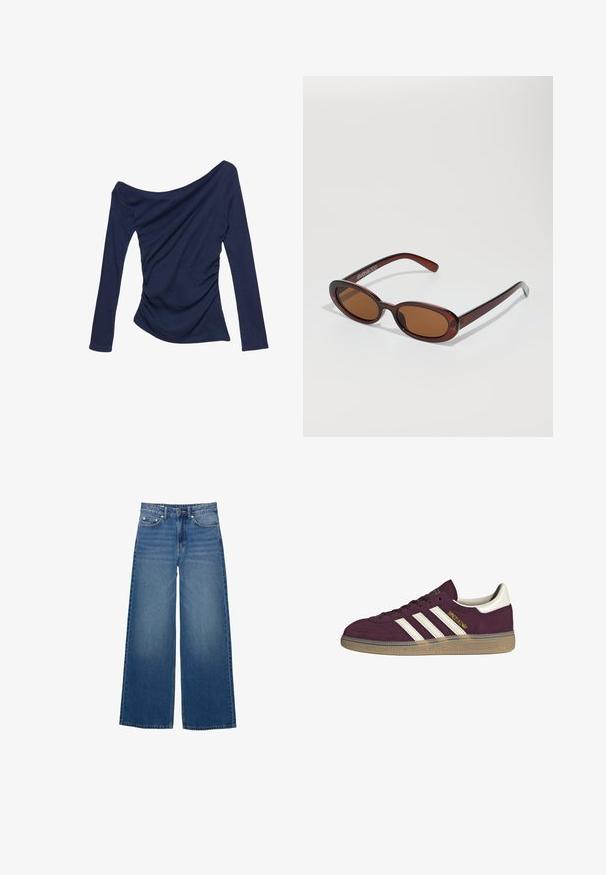 Mørkeblå off-shoulder top med lange ærmer, som har sammenfoldet detaljer på siden og en glat, strækbar tekstur.; Bredde ben blå jeans lavet af denim, med høj talje, syede detaljer og et enkelt design med en let falmende effekt.; Maroonsuede sneakers med hvide tre striber og beige accenter. Har en tekstureret gummisål og gyldent branding på siden.; Runde, bruntonede solbriller med en glansfuld bordeauxramme. Slanke arme med diskret brandingdetalje. Flad linsedesign.; Brun vævet læderhandbag med en slasket, trekantet form. Har et flettet håndtag og en lynlåslukning langs toppen.