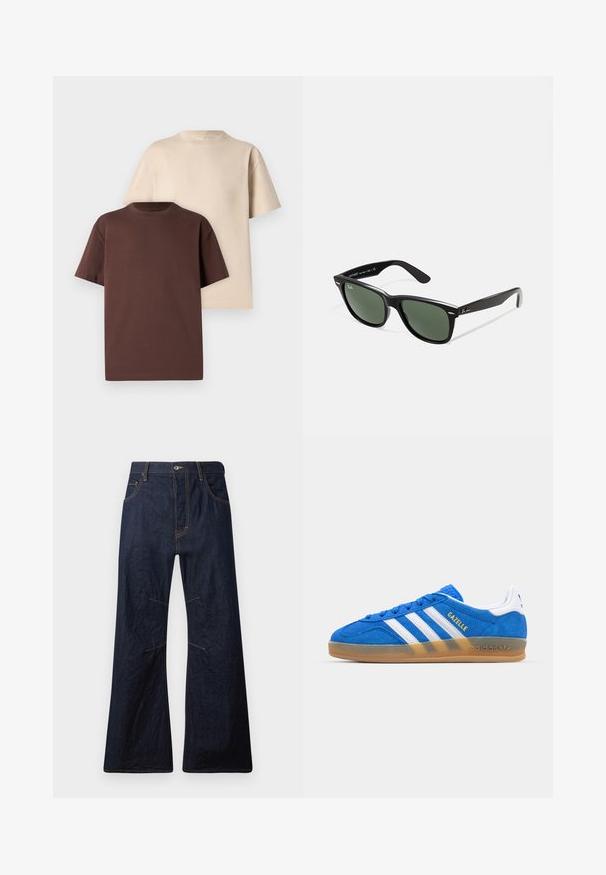 Two short-sleeve t-shirts: one in dark brown and one in light beige. Made of cotton, featuring a round neckline and relaxed fit.; Dark blue denim flared jeans with yellow stitching, five pockets, and a zipper fly. Features horizontal seams above the knees.; Blue suede sneaker with white stripes and “Gazelle” text. Features gum rubber sole and textured accents on the upper. Classic design.; Black plastic sunglasses with green lenses, square frames, silver accent on the brow, and textured temple arms. Stated brand on inner arm.