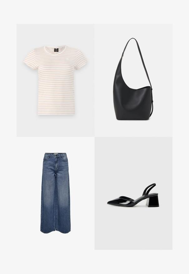 Camiseta de manga corta en crema con rayas horizontales de color rosa claro. Presenta un escote en V y un pequeño logo en el pecho. Tejido de algodón.; Jeans de mezclilla azul de pierna ancha con una cintura alta, diseño clásico de cinco bolsillos y un lavado desgastado para un ajuste relajado.; Zapatos de tacón slingback de charol negro con punta afilada y tacón geométrico en bloque. Presentan un diseño elegante y minimalista, así como una textura suave.; Bolso tipo hobo de cuero negro con una textura suave, forma curvada y una sola correa ajustable; presenta una amplia apertura en la parte superior.