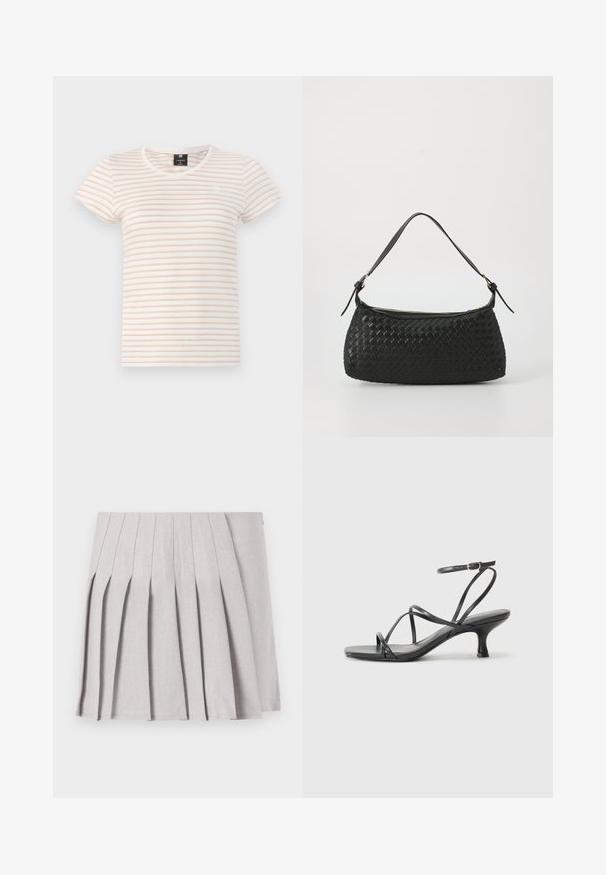 Krótki rękaw T-shirt w kremowym kolorze z poziomymi jasnoróżowymi paskami. Posiada dekolt w kształcie litery V oraz małe logo na klatce piersiowej. Wykonany z bawełnianej tkaniny.; Szara plisowana spódnica o gładkiej fakturze, z licznymi pionowymi fałdami i dopasowaną talią. Wykonana z lekkiego materiału.; Czarne sandały na obcasie z cienkimi paskami, otwartą częścią palcową i małym, rozszerzonym obcasem. Materiał wydaje się gładki i błyszczący.; Czarna, pleciona torba na ramię z gładkim skórzanym paskiem i zapięciem na zamek. Charakteryzuje się teksturowaną powierzchnią i zakrzywionym kształtem.