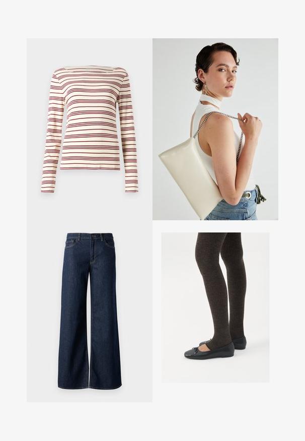 Long-sleeve top in cream with maroon horizontal stripes; boat neckline; soft fabric; fitted design with slight stretch.; Wide-leg jeans in dark blue denim. Features contrast stitching, five pockets, and a button closure at the waist. Smooth texture.; Black flat shoes with a small bow detail at the toe, paired with dark brown ribbed tights. Shoes have a smooth texture and low profile.; White rectangular clutch bag made of glossy material, featuring a silver chain strap. Model poses, showcasing the bag against a plain background.