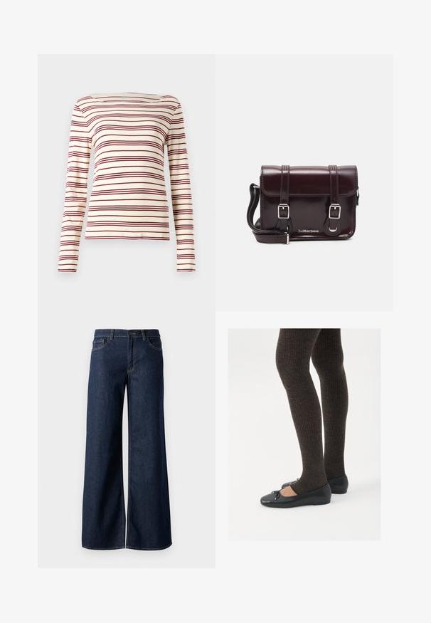 Hosszú ujjú, krém színű felső, bordó vízszintes csíkozással; hajónyak; puha anyag; testhezálló szabás, enyhe rugalmassággal.; Sötét kék farmer széles lábú nadrág. Kontrasztos varrással, öt zsebhálóval és gombos derékzárással rendelkezik. Simás textúra.; Fekete lapos cipők kis masni díszítéssel az orrán, sötétbarna bordázott harisnyával párosítva. A cipők sima textúrával és alacsony profilúak.; Burgundy lakkbőr keresztpántos táska téglalap alakú, két pánttal, ezüst színű szerelvényekkel és fedélzárral.