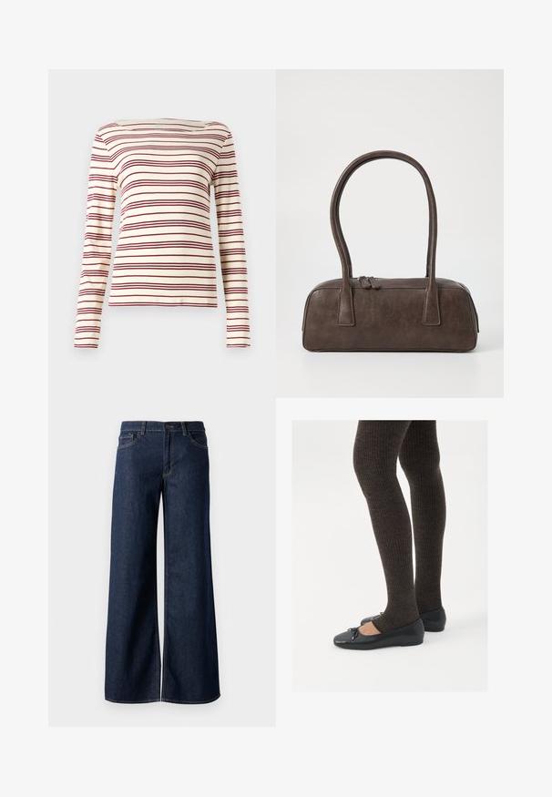 Long-sleeve top in cream with maroon horizontal stripes; boat neckline; soft fabric; fitted design with slight stretch.; Wide-leg jeans in dark blue denim. Features contrast stitching, five pockets, and a button closure at the waist. Smooth texture.; Black flat shoes with a small bow detail at the toe, paired with dark brown ribbed tights. Shoes have a smooth texture and low profile.; Brown leather handbag with two sturdy handles, rectangular shape, smooth texture, and zip closure. Minimalist design with no visible patterns.