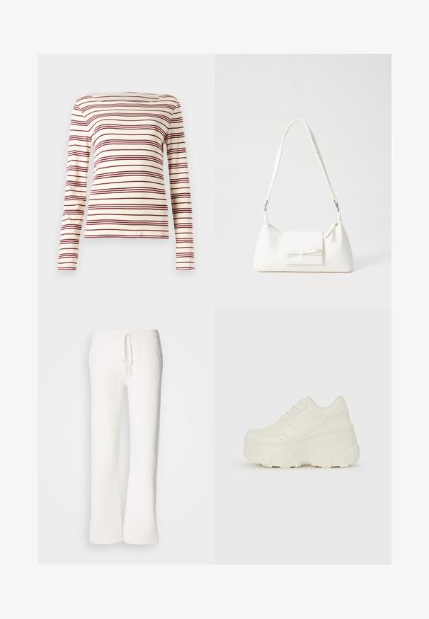 Langärmliges Oberteil in Creme mit burgunderfarbenen horizontalen Streifen; U-Boot-Ausschnitt; weicher Stoff; taillierte Passform mit leichtem Stretch.; Weiße, locker sitzende Schlafanzughosen aus weichem Material, mit einem elastischen Bund und Kordelzug sowie geradem Bein.; Weiße Platform Sneakers mit einem glatten, lederähnlichen Obermaterial, abgerundeter Form, gepolstertem Kragen und strukturierten Gummisohlen mit ausgeprägten Stollen.; Weiße synthetische Handtasche in dreieckiger Form, flache Vorderklappe und Schleifendetail, verstellbarer Trageriemen, glatte Textur und minimalistisches Design.
