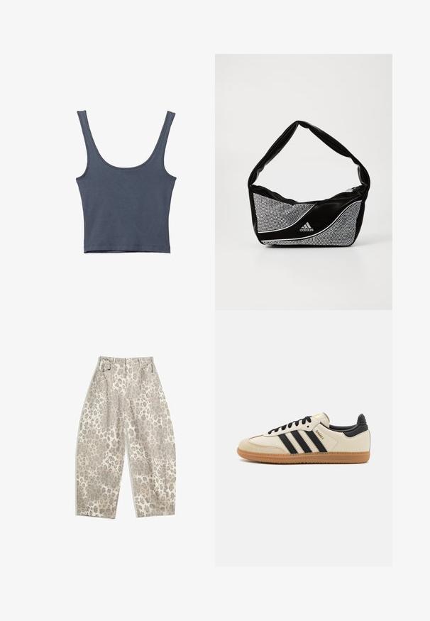 Dark blue, slim-fit tank top with wide straps. Made from soft cotton fabric, featuring a smooth texture and simple design. No patterns or accents.; Leopard print trousers in a light beige color, featuring a high-waisted design, wide legs, and two front pockets. Designed from a smooth fabric.; Beige athletic shoe with black stripes, gum rubber outsole, and black accents. Features a smooth leather upper and a rounded toe design.; Black and silver adidas handbag with a smooth texture, featuring a shiny studded pattern and a distinctive curved design.