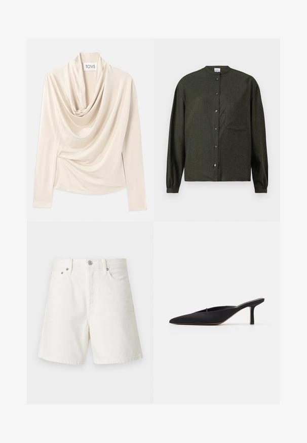 Beige top met lange mouwen, ontwerp met een kraag en een zachte, gladde textuur. Vastgezet in de taille met subtiele geplooide details.; Donkergroen blouse met opstaand kraagje, lange mouwen, borstzak en een gladde, gestructureerde stof.; Witte denim shorts met een rechte snit, vijf zakken, voorste knoopsluiting, zilveren hardware en gestikte details.; Zwarte muiltje met spitse neus en een strak ontwerp, gemaakt van gladde stof, met een slanke hak en open achterkant voor gemakkelijk aan- en uittrekken.