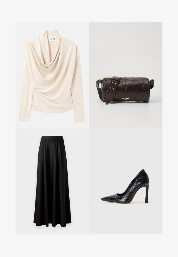 Beige Oberteil mit langen Ärmeln, Design mit Schalkragen und weicher, glatter Textur. An der Taille mit subtilen Raffungen gesichert.; Schwarzer, bodenlanger Rock mit glatter Textur, weitem Bund und plissiertem Design, ohne sichtbare Muster oder Verzierungen.; Schwarzer, spitz zulaufender High Heel mit Krokodilleder-Struktur, elegantem Design, hohem Stiletto-Absatz und glattem schwarzen Innenraum.; Braune, krokodilgeprägte Lederhandtasche mit zylindrischer Form, goldfarbener Hardware und einem abnehmbaren Tragegurt mit Nieten.